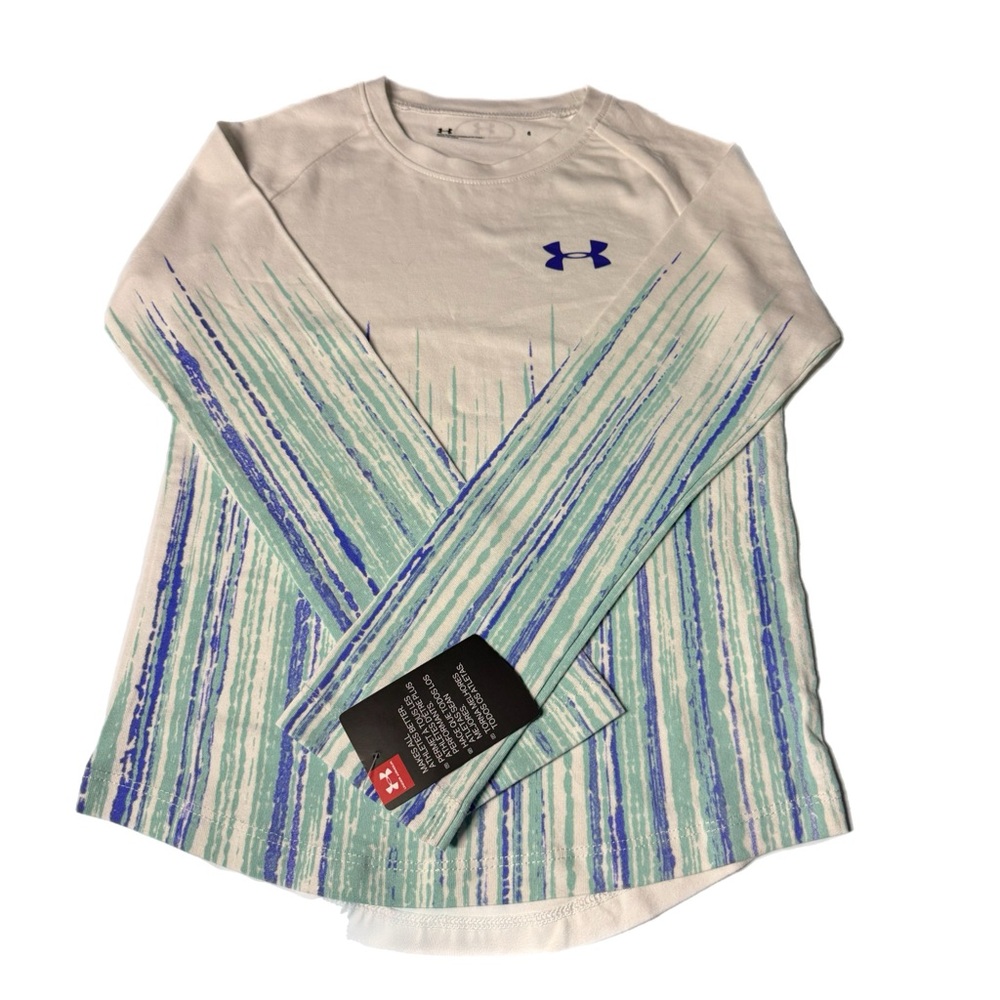 Under Armour Kids Girl’s Flash Stripe Raglan Long Sleeve Top – White/Blue Size 6